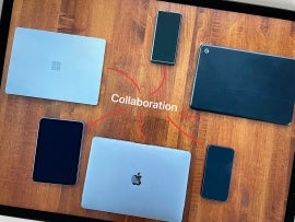 The word Collaboration surrounded by arrows that lead to surrounding devices