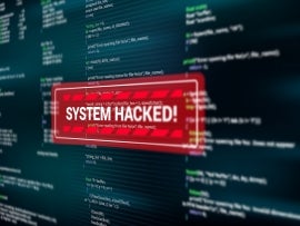System hacked, warning alert message on screen of hacking attack, vector. Spyware or malware virus detected warning red message window on computer display, internet cyber security and data fraud
