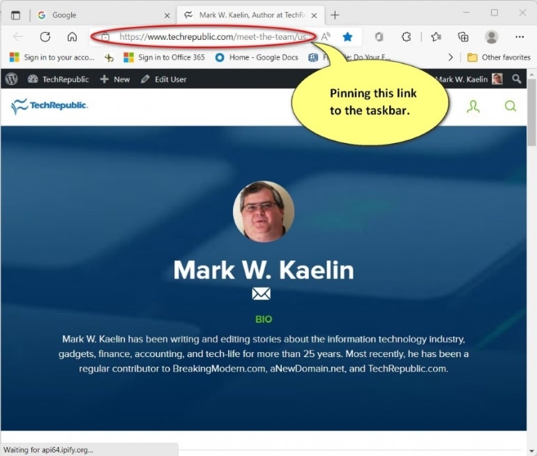 link to Mark W. Kaelin's writer  leafage   circled with a enactment      saying "Pinning this nexus  to the taskbar."