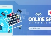 shopping cart full of electronics and tech in front of a phone with the text Online Sale Limited Time Offer to the right