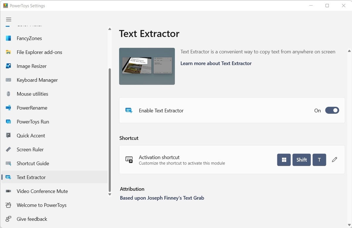 The Text Extractor menu allows users to activate the tool to highlight and copy text from any source.