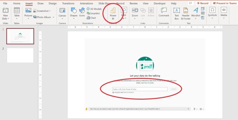 Insert a Power BI placeholder into a PowerPoint slide.