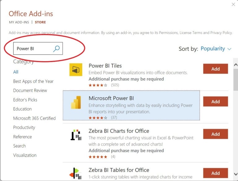 Install the Power BI add-in to embed reports into your slides.