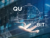 Businessman holding Quantum computing concept with qubit icon 3d rendering