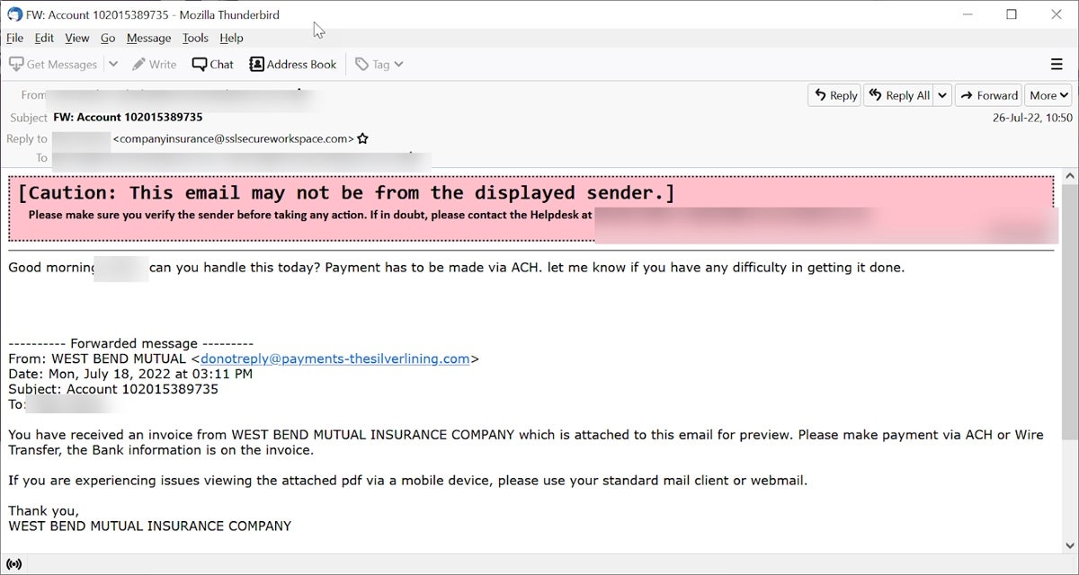 screenshot of phishing email with a red-bannered warning at the top of the email