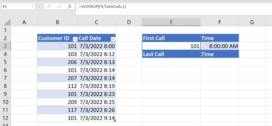 Excel test data with cell 3E highlighted