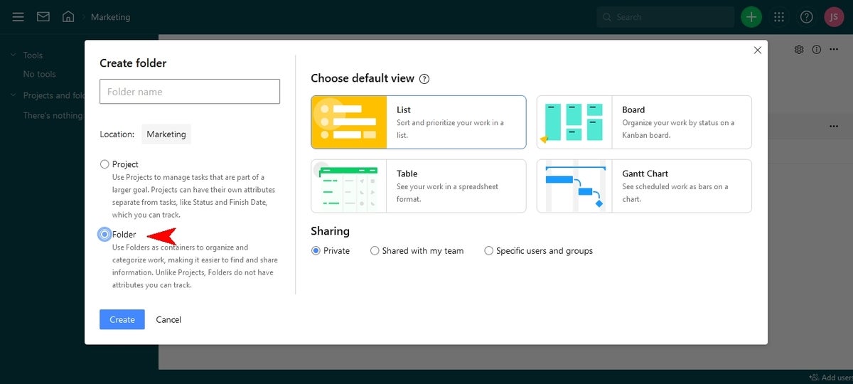 Create folder menu with Folder selected