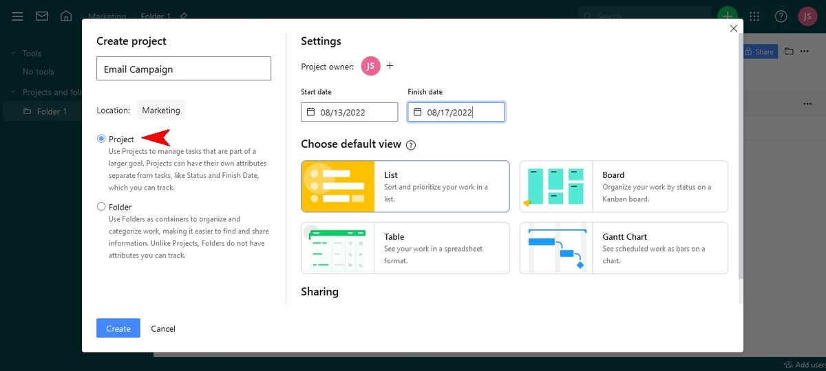 Create project menu with Project selected