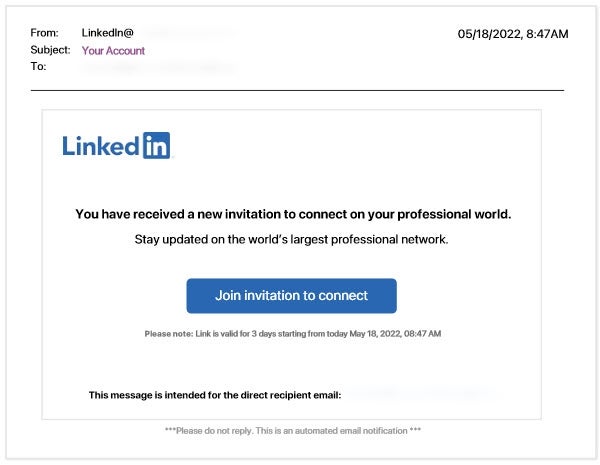 A credential phishing email spoofing LinkedIn.