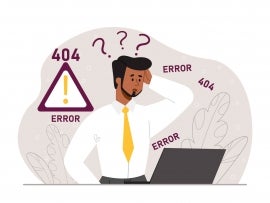 Device error concept. Man sitting at laptop, trying to solve problems. Technical support, modern technologies, gadgets and devices. Error 404, non existent page. Cartoon flat vector illustration