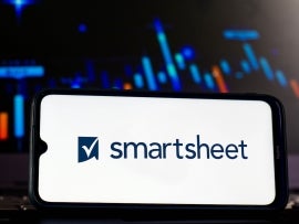 Smartsheet logo seen displayed on a smartphone screen.