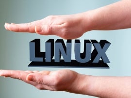 Female hands hold the word LINUX on a light background
