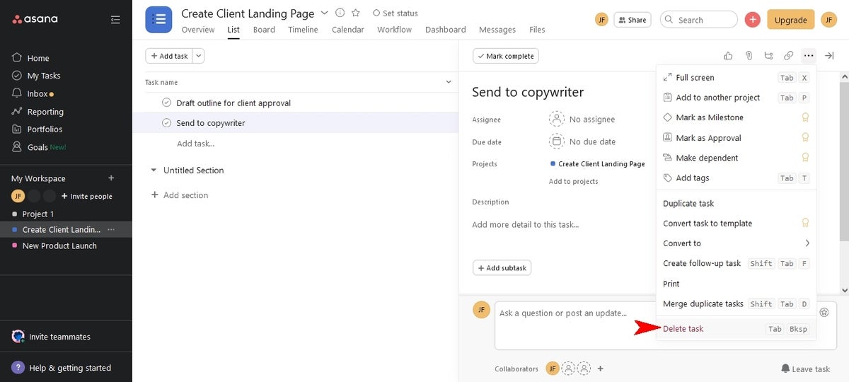 the Delete Task option highlighted on a task in Asana