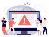Computer error. Warnings unavailable page users, attention symbol alerts of problem, angry clients near monitor device, vector concept