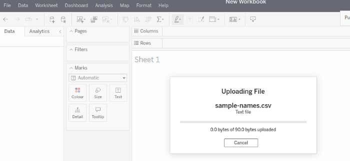 Upload a file to Tableau by dragging and dropping the dataset into an empty sheet.
