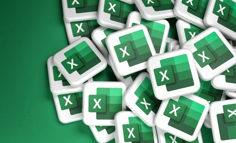 Logos of the Microsoft Office component Excel on a heap. Copy space. Web banner format.