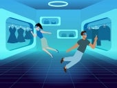 Metaverse virtual reality shop. People wearing VR goggles while shopping clothes in the metaverse illustration concept.