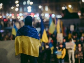 Ukrainian people protest, thousands gather to demand tougher sanctions on Russia from British Government, EU and USA to stop the war in Ukraine