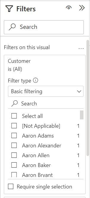 Basic filtering filled out in the Filter type search field in the Power BI Filters menu