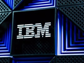 IBM logo on a storage rack in a datacenter.
