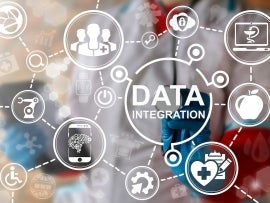 Big data integration medicine concept. Medical information database integrate. Health care server cloud integrated. IT, Smart, IoT, Computing, Robotic healthy web technology
