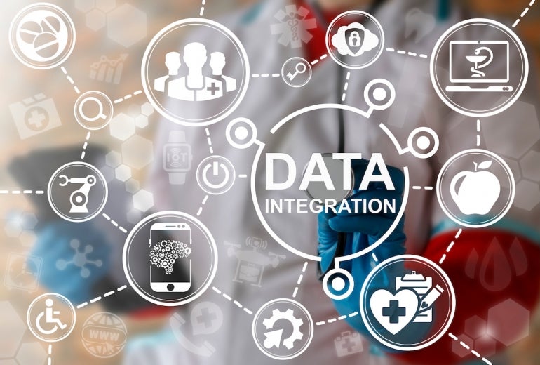 Big data integration medicine concept. Medical information database integrate. Health care server cloud integrated. IT, Smart, IoT, Computing, Robotic healthy web technology