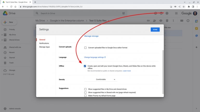 In Google Drive, access Settings to enable offline file access.