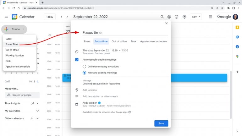 Create a Focus Time event in Google Calendar to set aside time for an undisturbed work session.