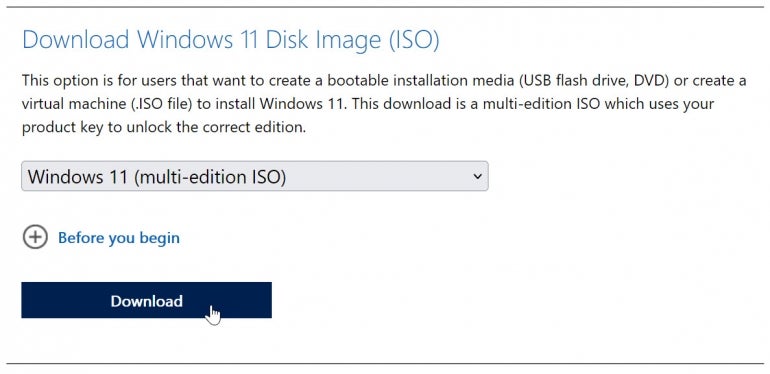 Select Windows 11 (multi-edition ISO), and click the Download button.