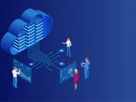 Isometric cloud computing concept represented by a server, with a cloud representation hologram concept. Data center cloud, computer connection, hosting server, database synchronize technology.