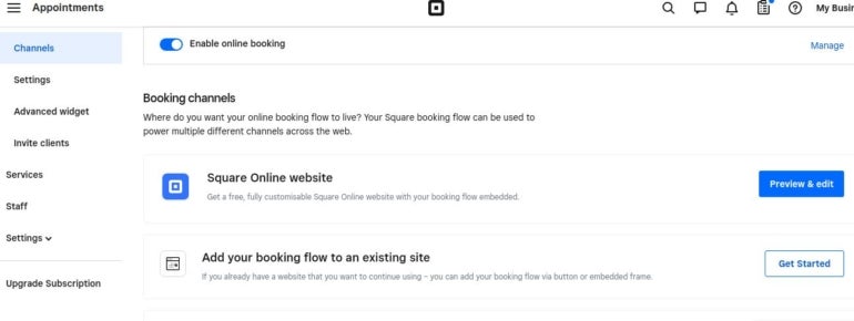 Square Appointments allows users to select where they want their online booking widget to show up. Users can choose multiple channels.