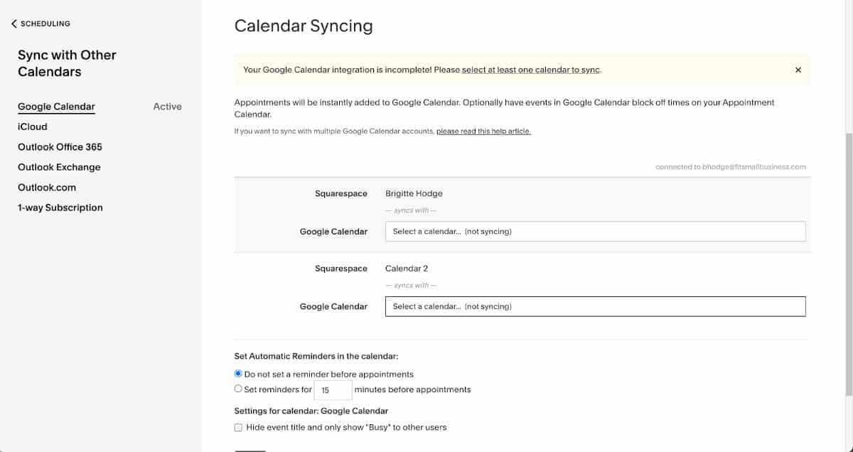 This is an example of how calendar syncing works on Squarespace scheduling.