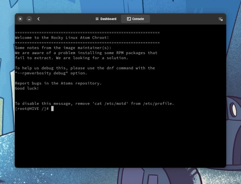The console for the Rocky Linux chroot environment.