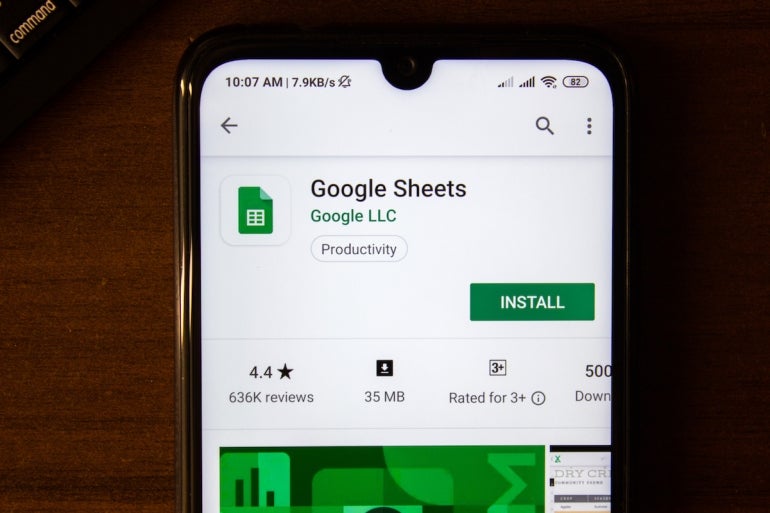 Ivanovsk, Russia - July 07, 2019: Google Sheets app on the display of smartphone or tablet.