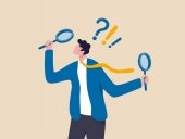 Observation or examination, curiosity to discover secret, search or analyze information, investigate or research concept, curious businessman holding magnifying glass observe data with question mark.