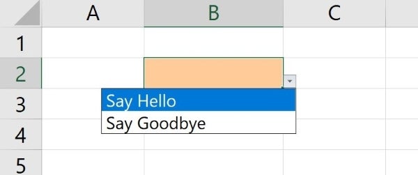 A dropdown in Excel with two macro options that say "Say Hello" and "Say Goodbye"