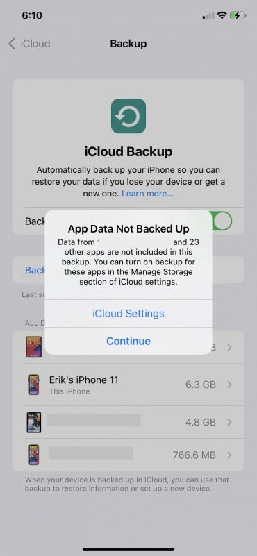 iPhone iCloud settings showing "app data not backed up."