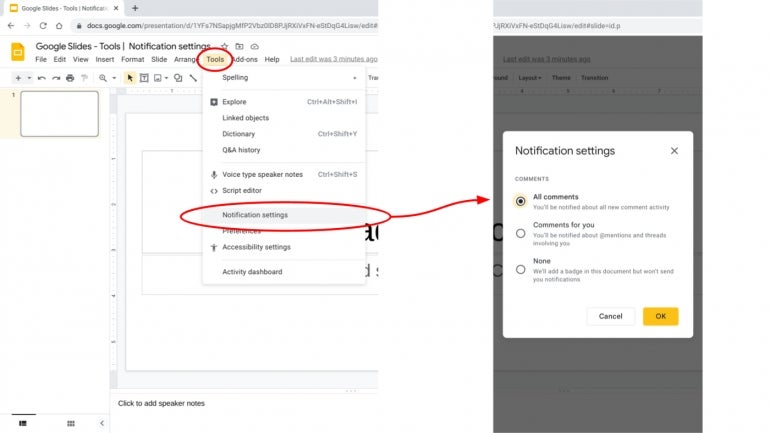 Google Slides, shown here, and Google Drawings offer a similar set of comment notification options.
