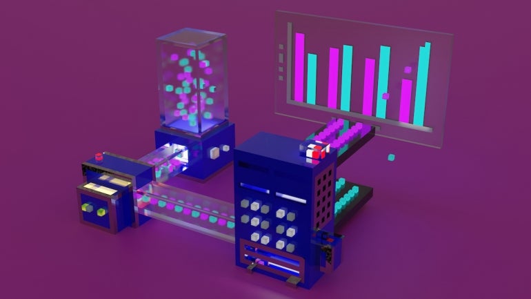 3d illustration of a data and artificial intelligence pipeline in voxel style