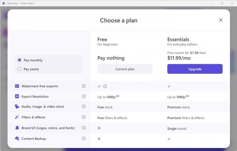 Price and feature comparison between Clipchamp Free and Clipchamp Essentials.