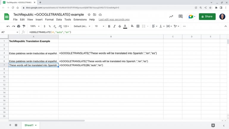 Use the =GOOGLETRANSLATE formula to convert text from one language to another in a Google Sheet.