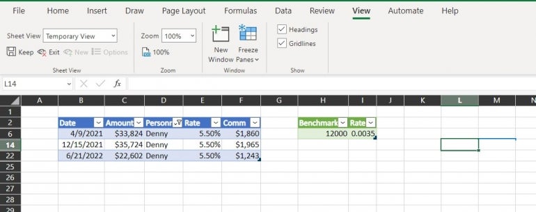 Excel displays the sheet view options.