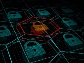 Cyber threat concept image of many closed locks and one open lock.