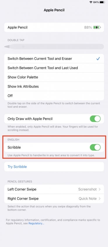When an Apple Pencil is paired to an iPad on a compatible device, iPadOS enables Scribble by default.