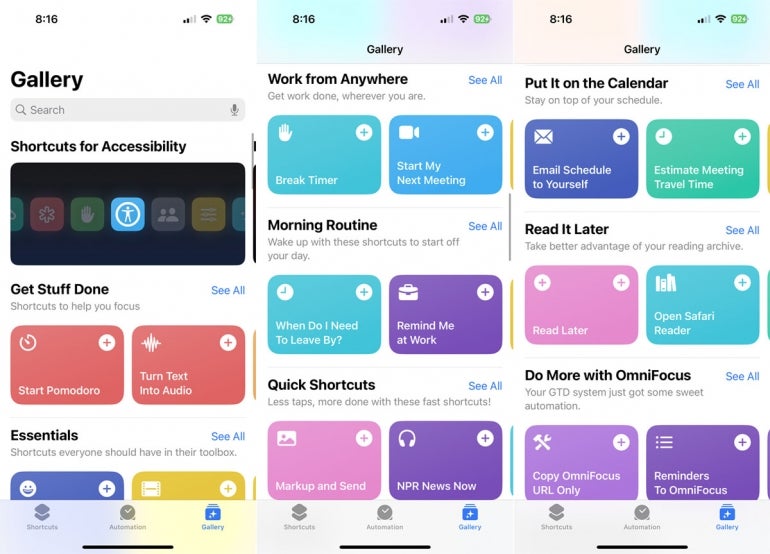 Different categories under the Shortcuts app, including Get Stuff Done, Essentials, Work from Anywhere, among others.