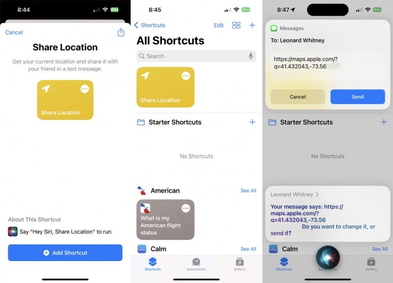 Adding "Share Location" to the Shortcuts app and testing out the action.