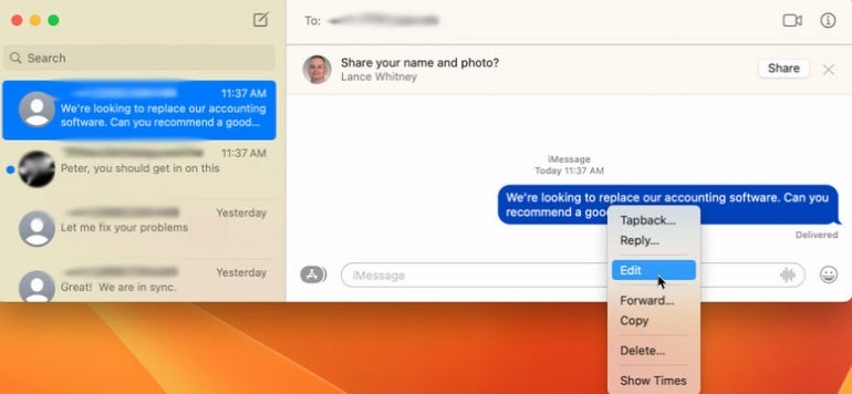 Select the "Edit" option on a message sent on Messages.