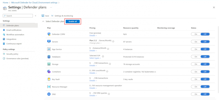How to enable Microsoft Defender for Cloud plans through the Azure portal