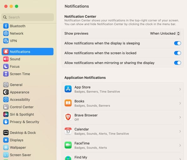 Notifications section under the System Preferences.