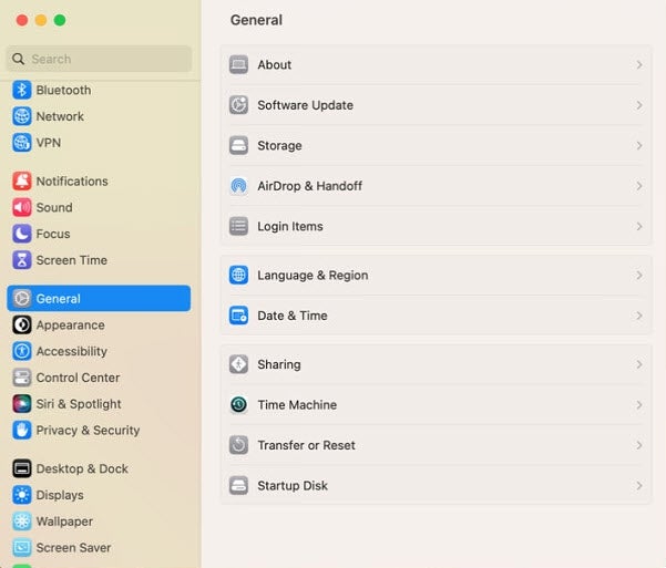 General settings arranged with options for Software Update, Storage, AirDrop, Time Machine, Startup Disk and other features.